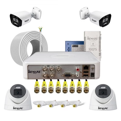 SQFTCC-5775 BEWARE 4 Channel CCTV Camera Set with 2 Bullet & 2 Dome 2.4MP IR Cameras, DVR & 65 Meter Cable