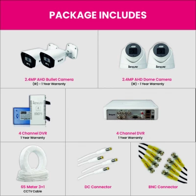 SQFTCC-5775 BEWARE 4 Channel CCTV Camera Set with 2 Bullet & 2 Dome 2.4MP IR Cameras, DVR & 65 Meter Cable