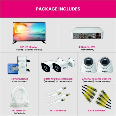 SQFTCC-7577 BEWARE 4 Channel CCTV Camera Set with 2 Bullet + 2 Dome Cameras, DVR & 32 Inch Smart LED TV