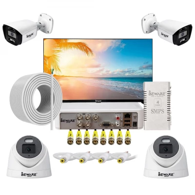 SQFTCC-7578 BEWARE 4 Channel CCTV Camera Set with 2 Bullet + 2 Dome Cameras, DVR, Accessories & 24 inch Monitor
