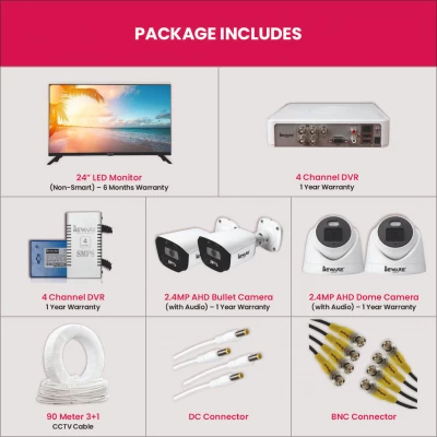 SQFTCC-7578 BEWARE 4 Channel CCTV Camera Set with 2 Bullet + 2 Dome Cameras, DVR, Accessories & 24 inch Monitor